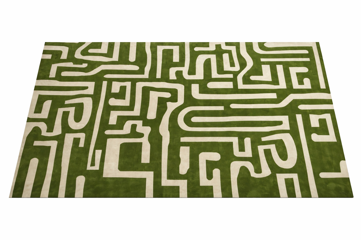 Olive Labyrinth – Geometrischer Teppich in Olivgrün & Creme