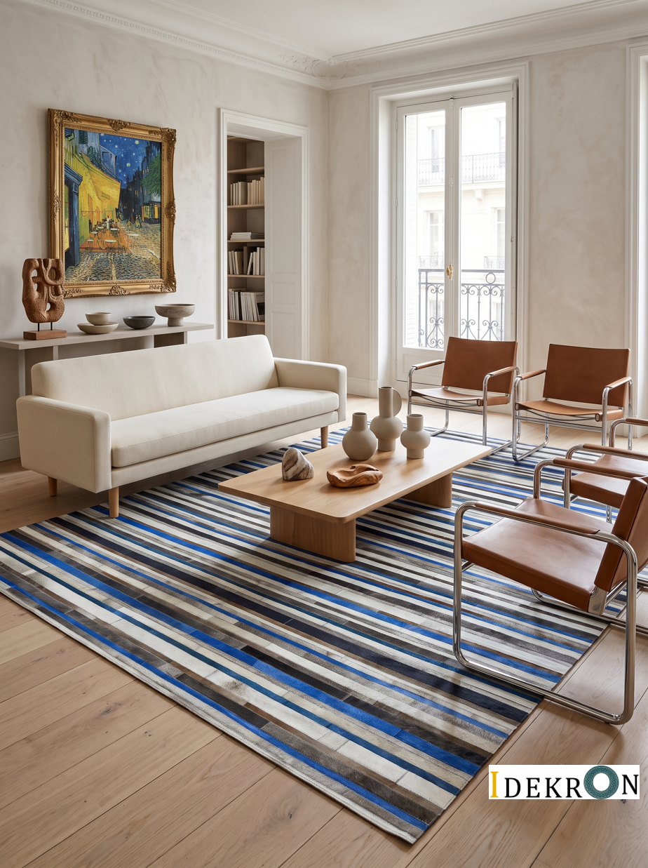Cobalt Stripes – Patchwork leather rug