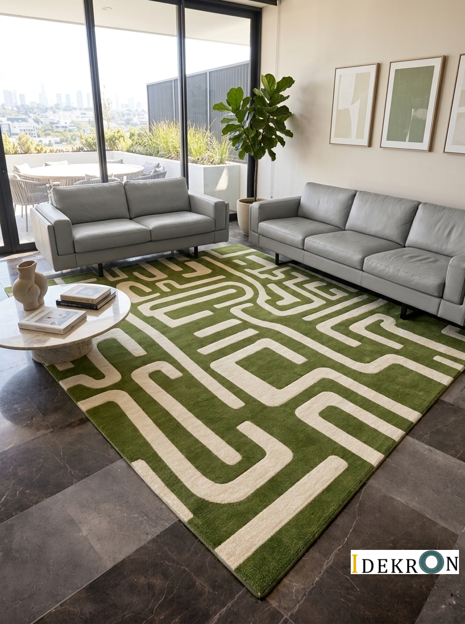 Olive Labyrinth – Geometric rug in olive & cream