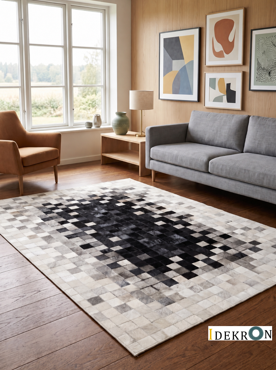 Pixel Mosaic – Patchwork leather rug in black & white