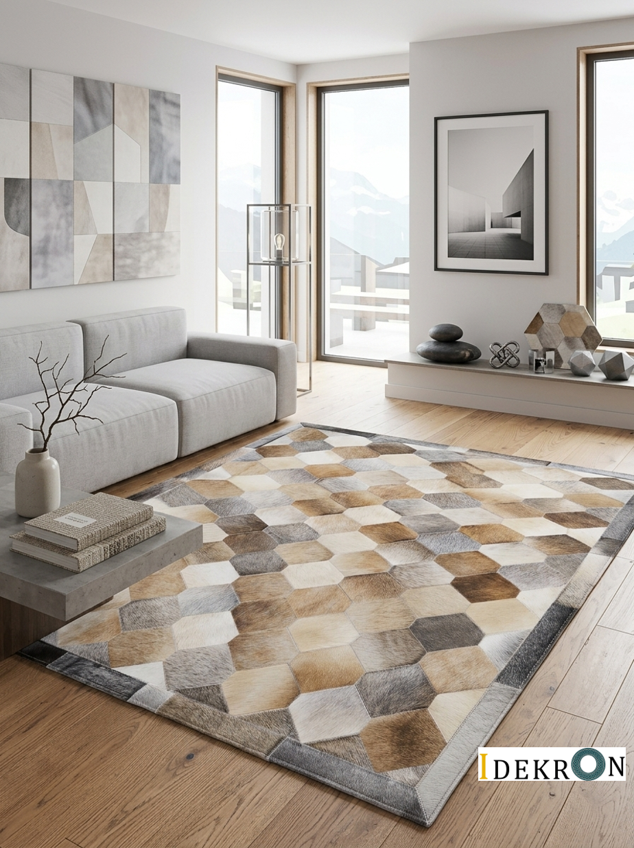 Honeycomb – Patchwork leather rug in natural tones