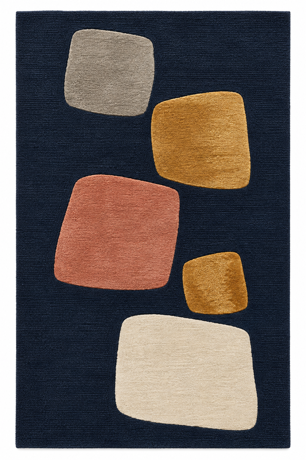 Overhead view of Basel Lantern Nocturne: rectangular wool rug in midnight blue, ochre, terracotta, stone grey and ivory.