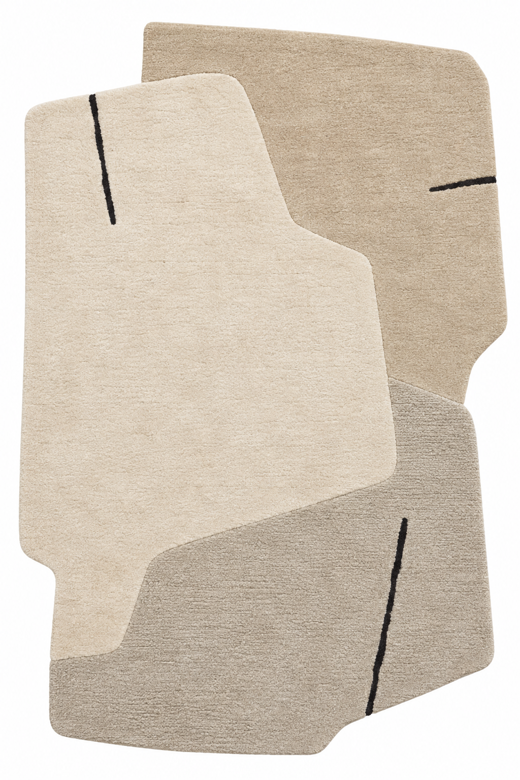 Overhead view of Basel Paper Memory: freeform wool rug in parchment, oat beige, pale stone grey and black.