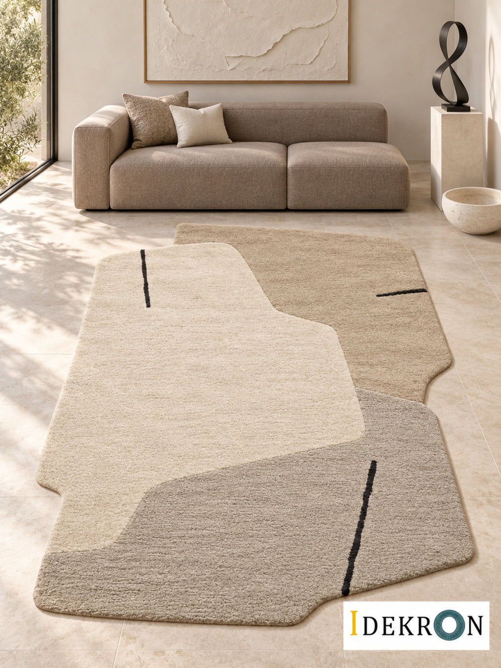 Basel Paper Memory: hand-tufted wool rug in parchment, oat beige, pale stone grey and black, in a modern living room with coordinated art.