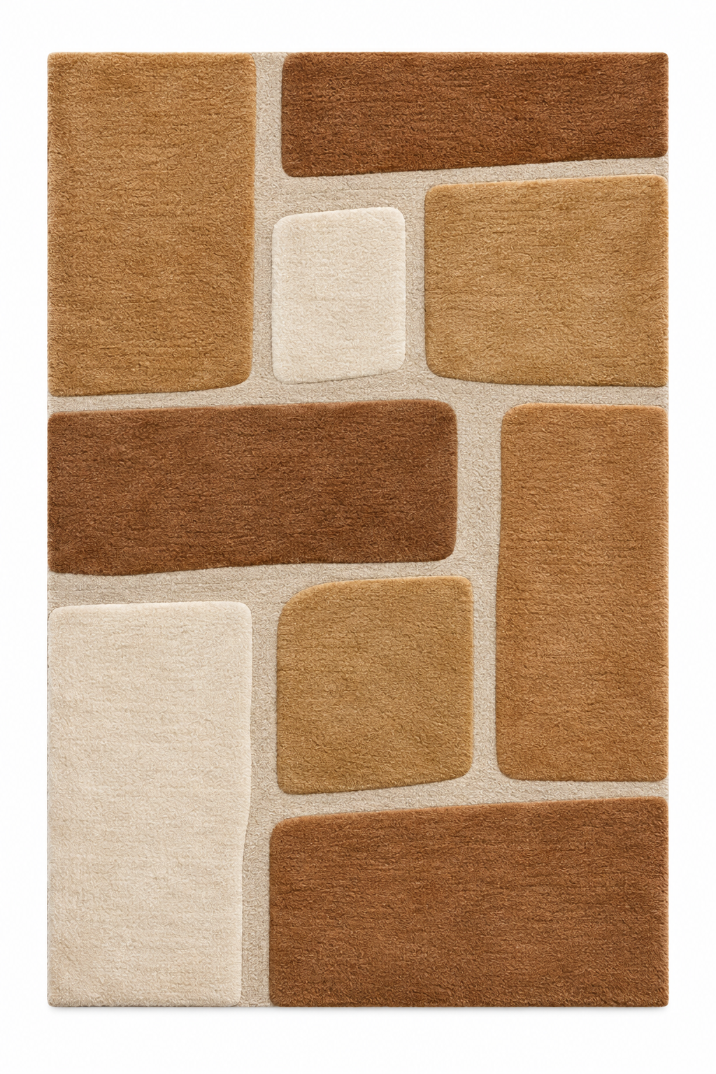Overhead view of Basel Spiced Tessera: rectangular wool rug in honey yellow, caramel, cinnamon brown and ivory.