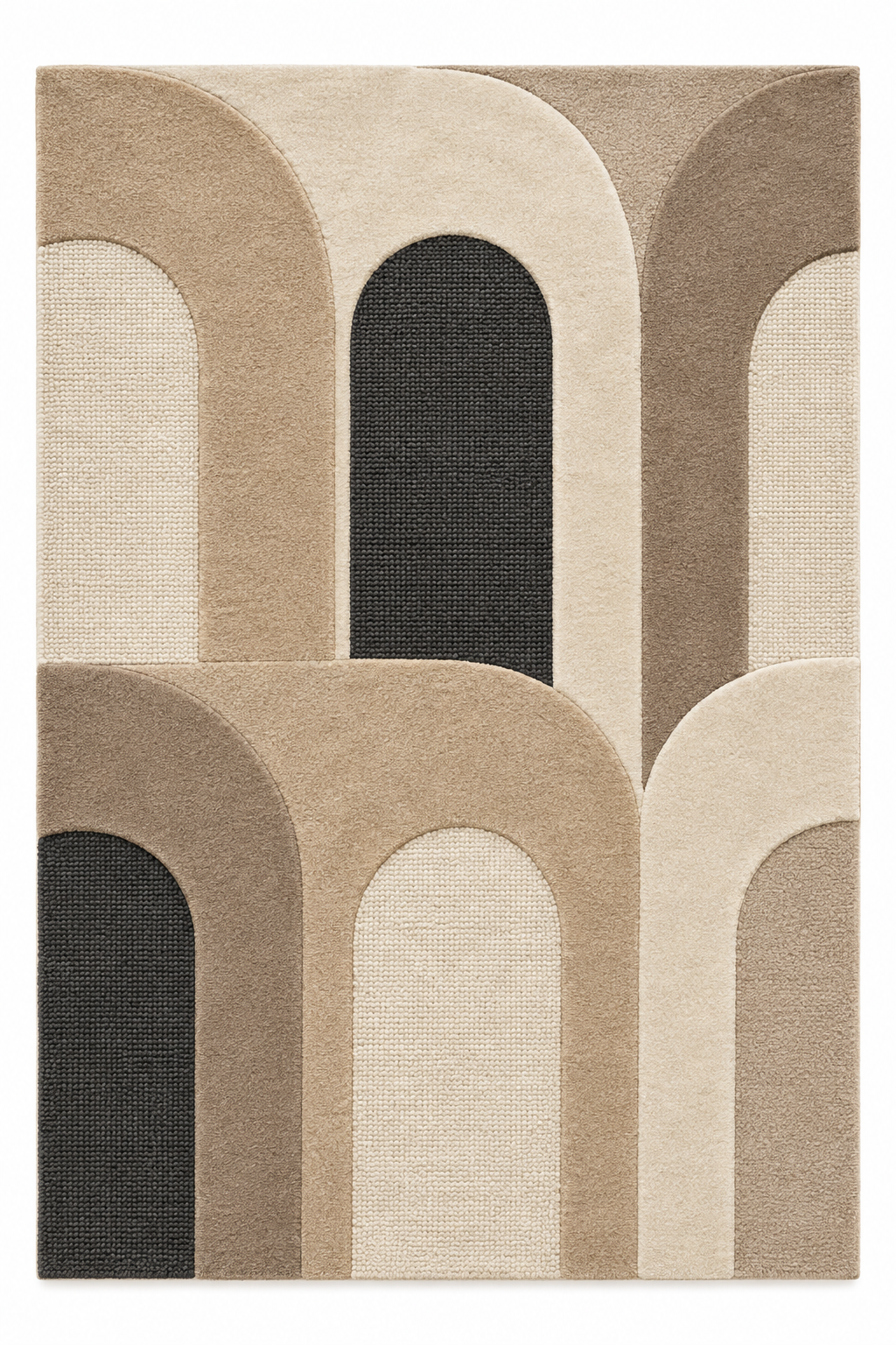 Overhead view of Bern Arcade Rhythm: rectangular wool rug in sandstone beige, ivory, taupe and charcoal.