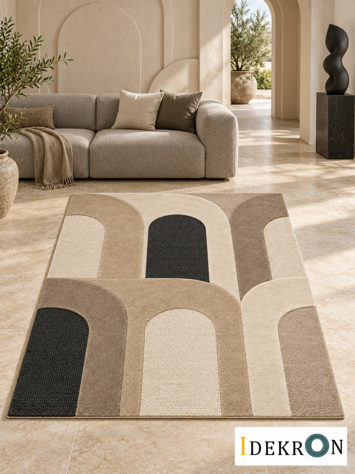 Bern Arcade Rhythm: hand-tufted wool rug in sandstone beige, ivory, taupe and charcoal, in a modern living room with coordinated art.