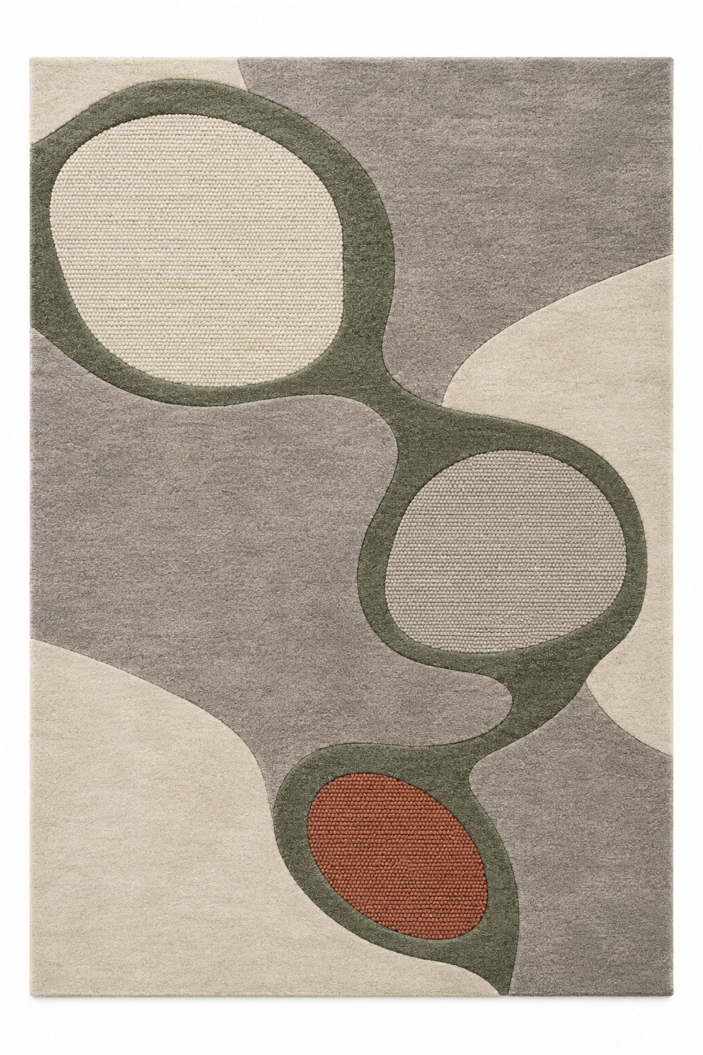 Overhead view of Bern Fountain Court: rectangular wool rug in stone grey, ivory, olive green and terracotta.