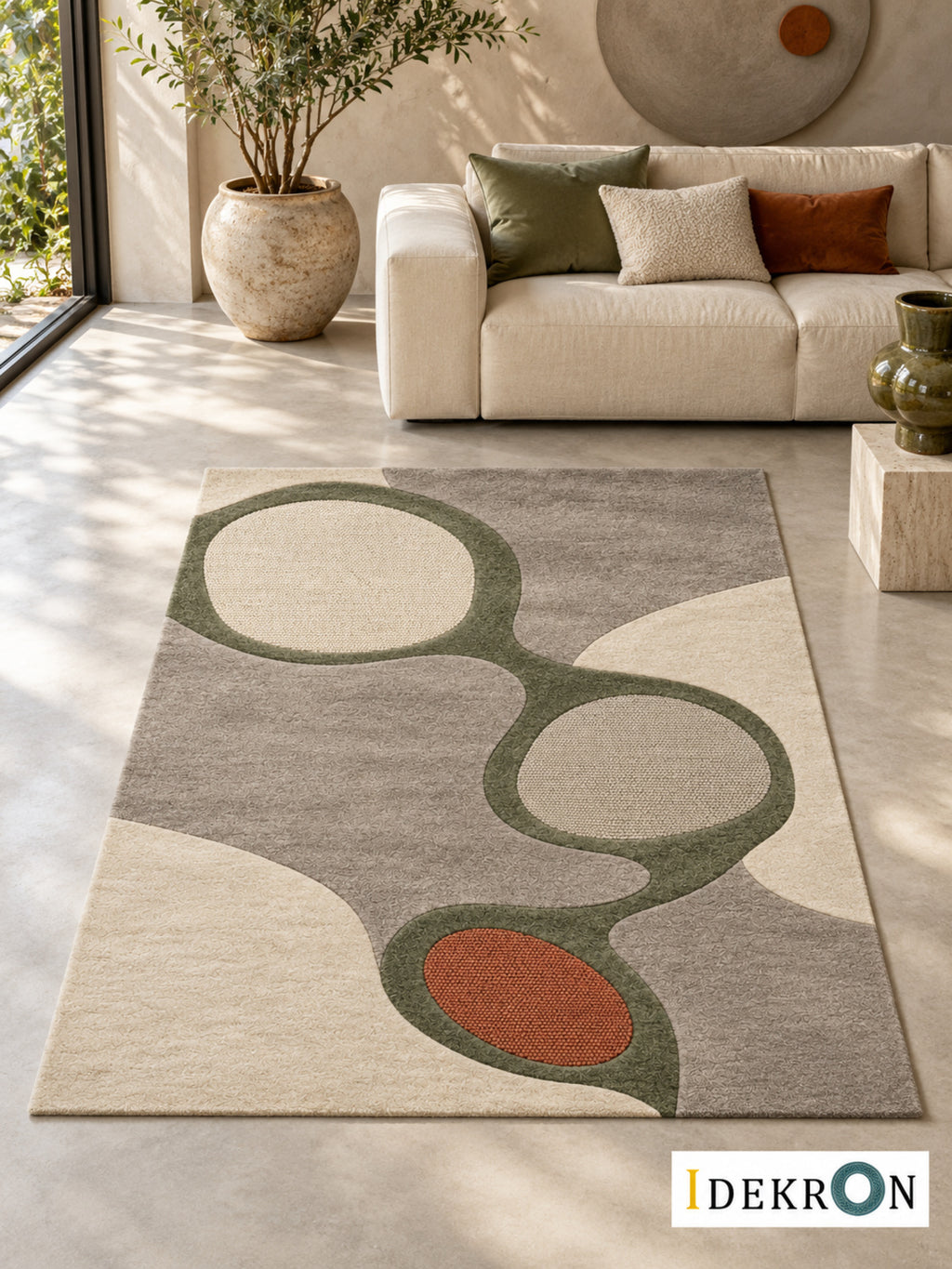 Bern Fountain Court: hand-tufted wool rug in stone grey, ivory, olive green and terracotta, in a modern living room with coordinated art.
