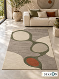 Bern Fountain Court: hand-tufted wool rug in stone grey, ivory, olive green and terracotta, in a modern living room with coordinated art.