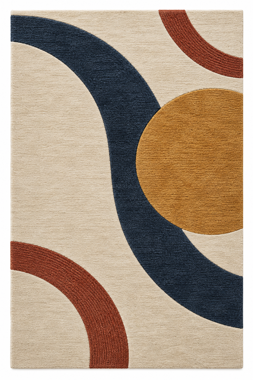 Overhead view of Bern Hours in Orbit: rectangular wool rug in ivory, midnight blue, muted golden yellow and terracotta.