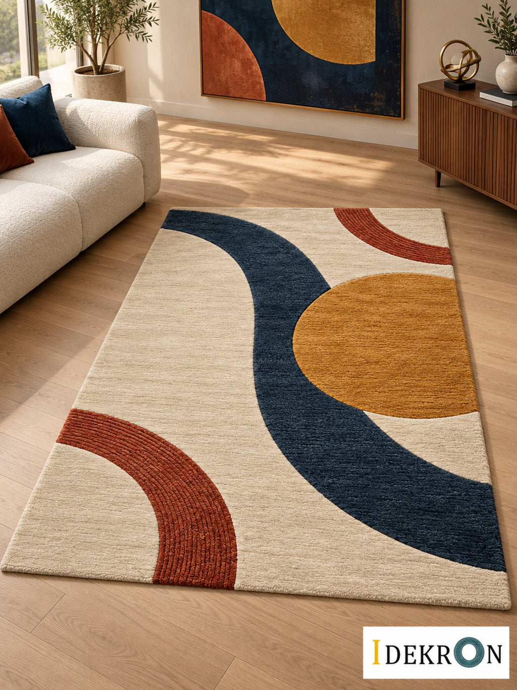 Bern Hours in Orbit: hand-tufted wool rug in ivory, midnight blue, muted golden yellow and terracotta, in a modern living room with coordinated art.