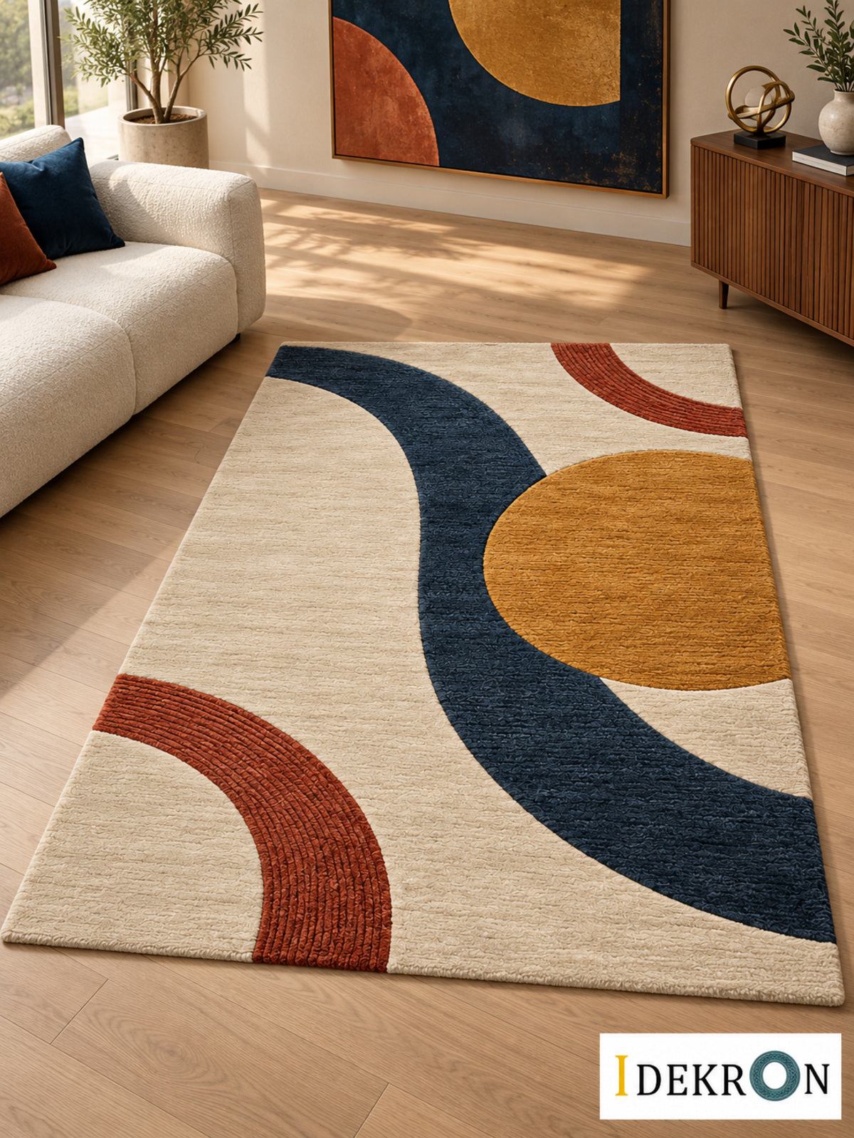 Bern Hours in Orbit: hand-tufted wool rug in ivory, midnight blue, muted golden yellow and terracotta, in a modern living room with coordinated art.