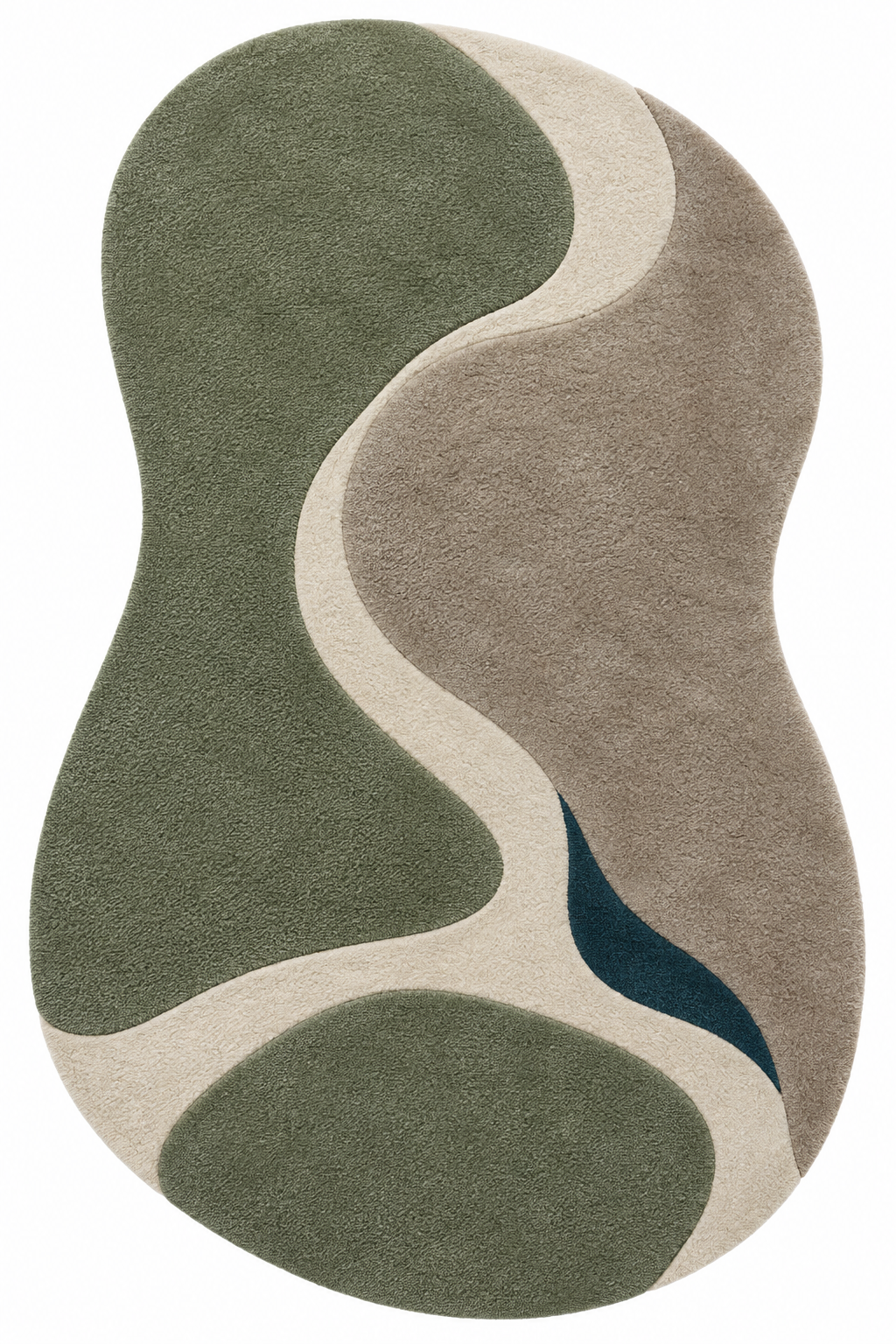Overhead view of Geneva Confluence: freeform wool rug in olive green, warm taupe, ivory and deep teal.