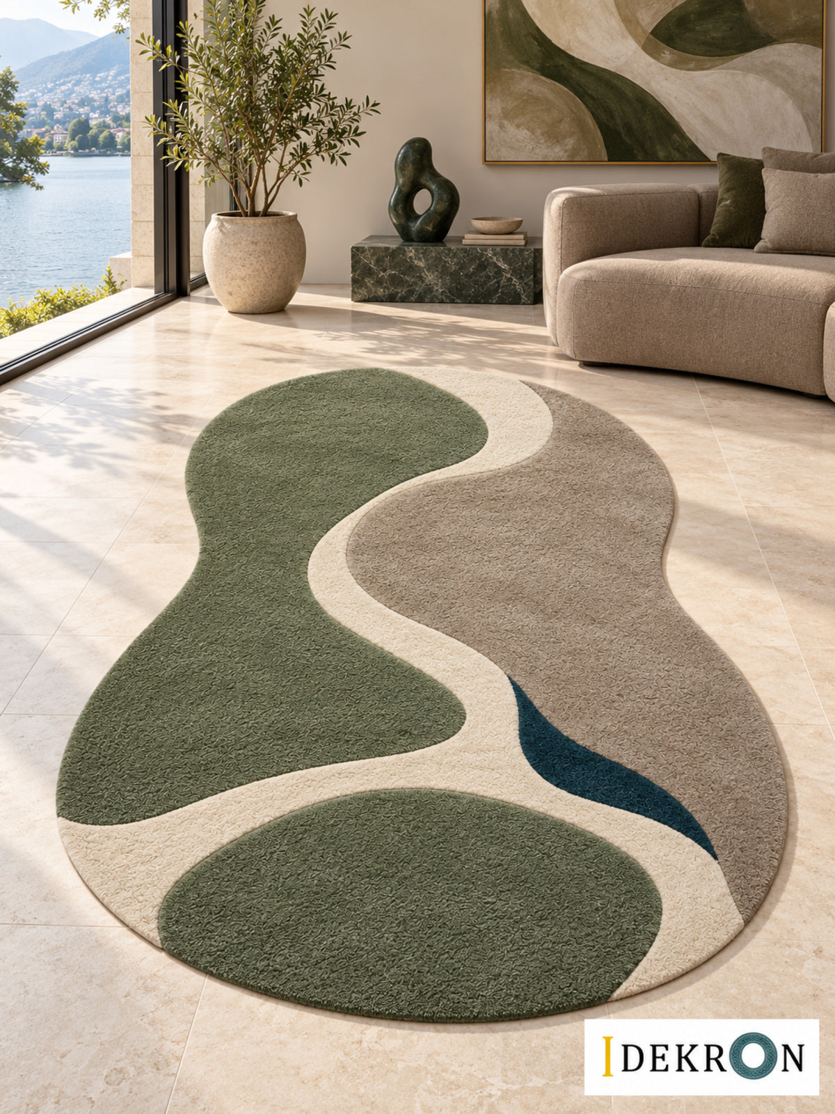 Geneva Confluence: hand-tufted wool rug in olive green, warm taupe, ivory and deep teal, in a modern living room with coordinated art.