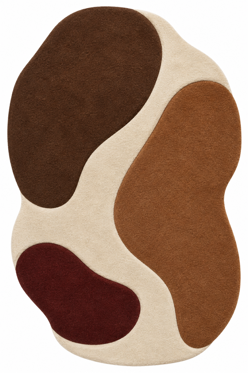 Overhead view of Geneva Escalade Ember: freeform wool rug in ivory, cocoa brown, cinnamon brown and oxblood.