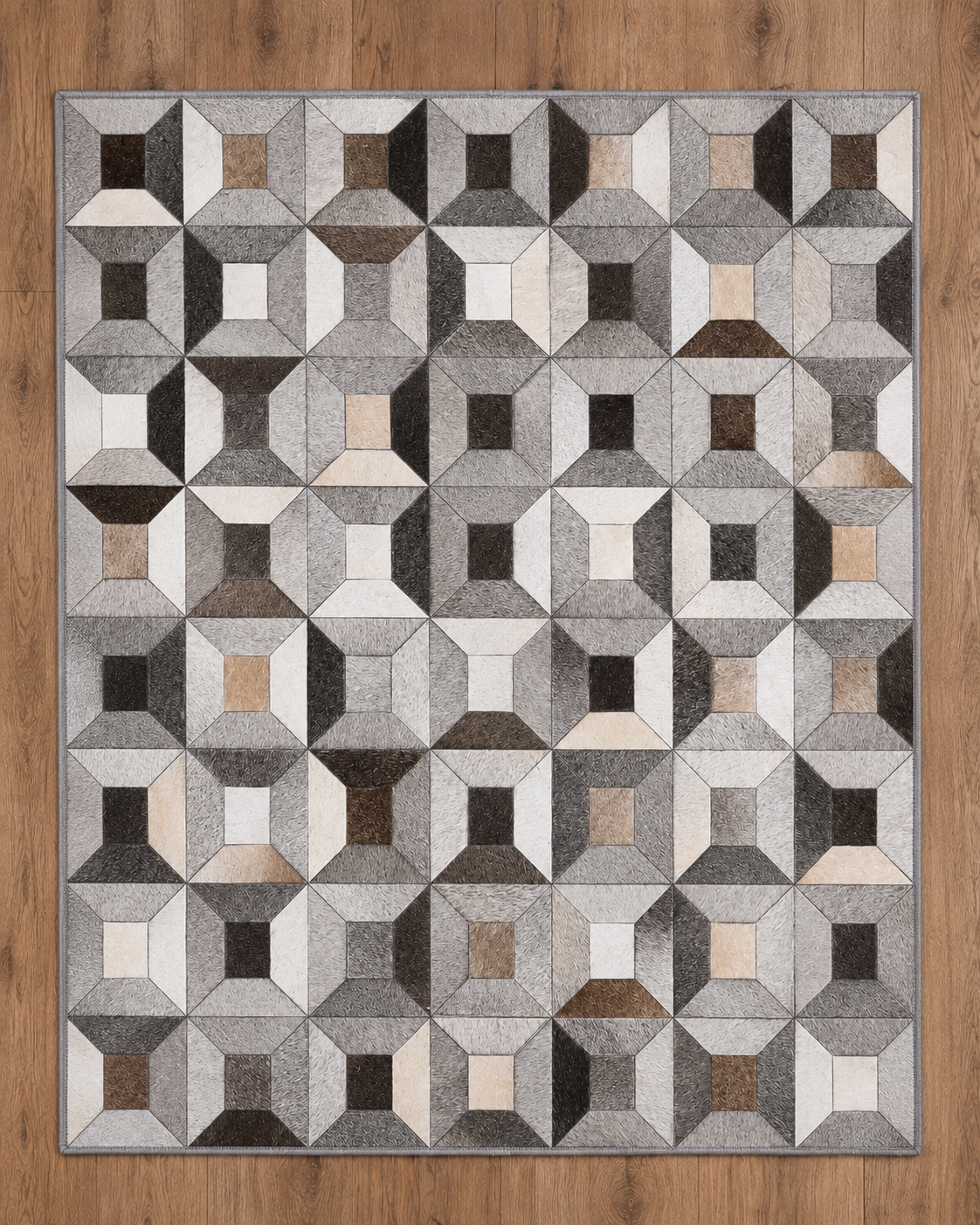 Cubic Frame – Patchwork leather rug with a 3D pattern