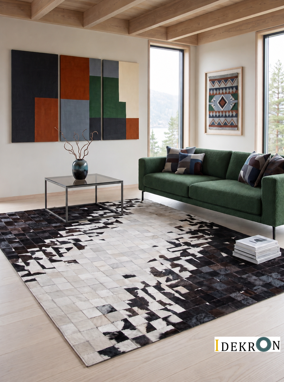 Pixel Flow – Patchwork-Lederteppich in Schwarz-Weiß