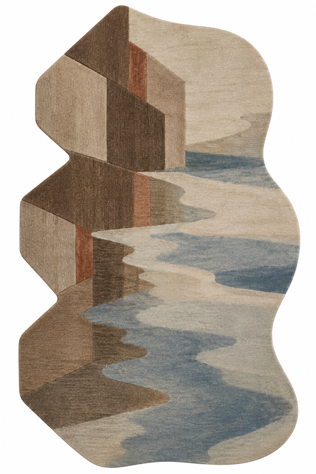 Overhead view of Lucerne Gable Echo: freeform wool rug in walnut brown, parchment, taupe, muted blue and rust red.