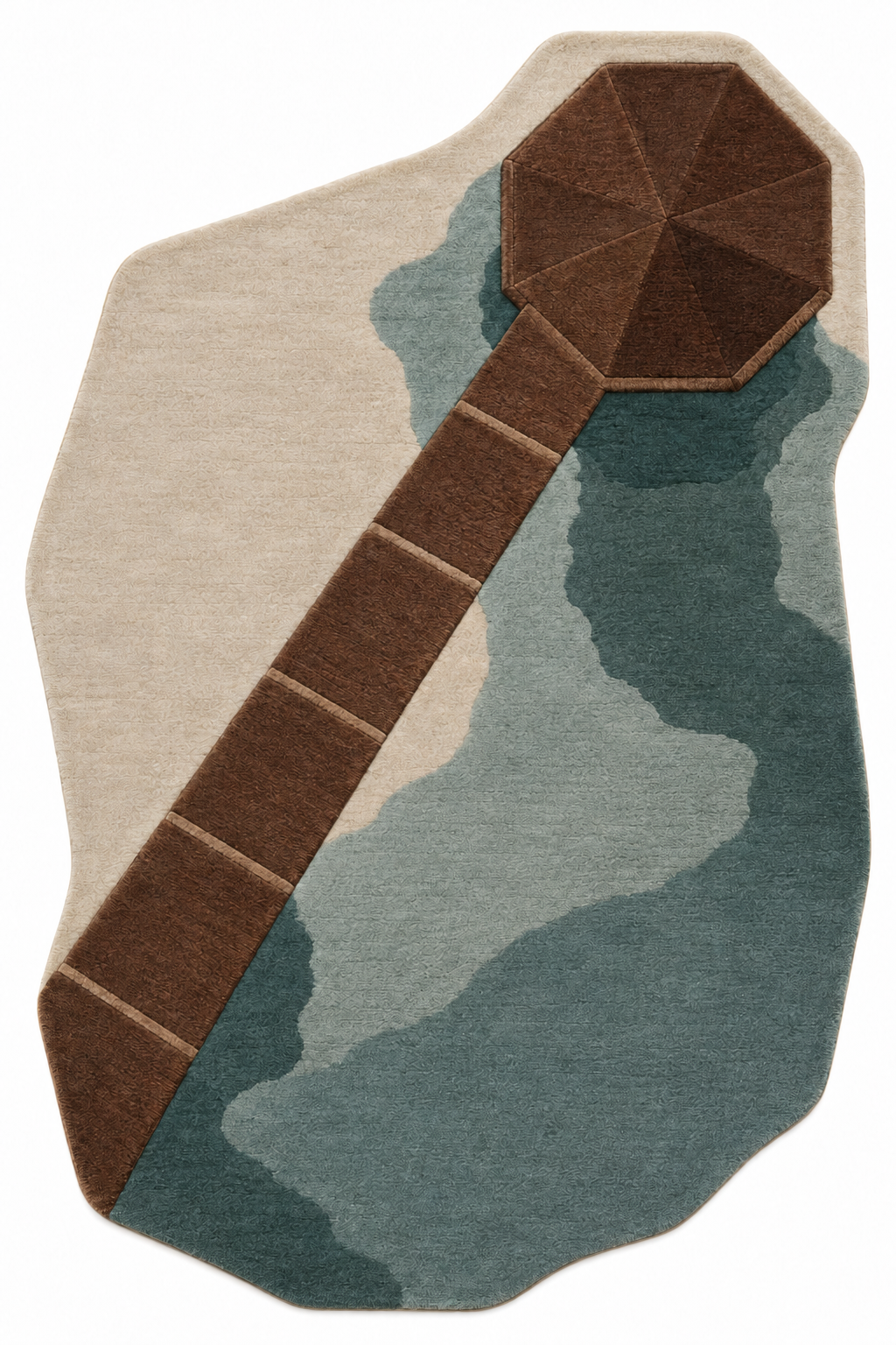 Overhead view of Lucerne Timber Crossing: freeform wool rug in ivory, walnut brown and layered mineral blue-greens.