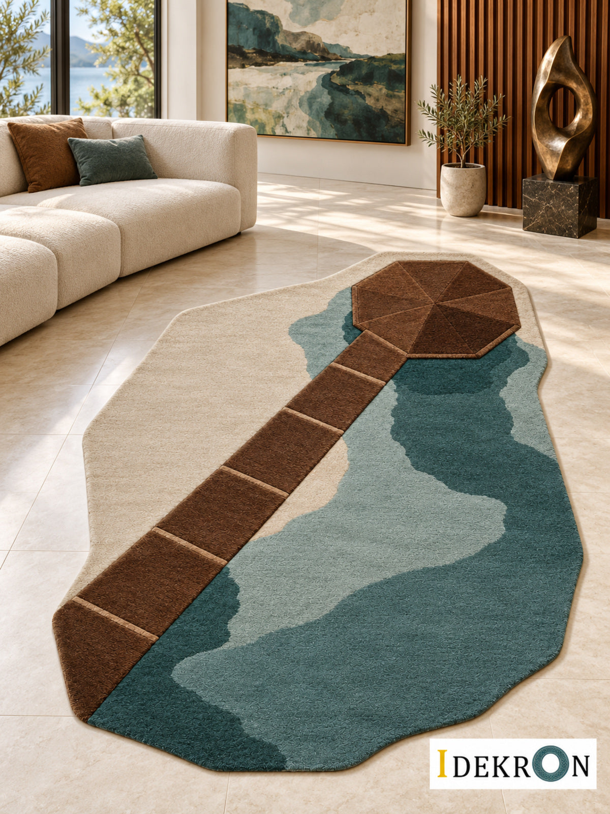 Lucerne Timber Crossing: hand-tufted wool rug in ivory, walnut brown and layered mineral blue-greens, in a modern living room with coordinated art.