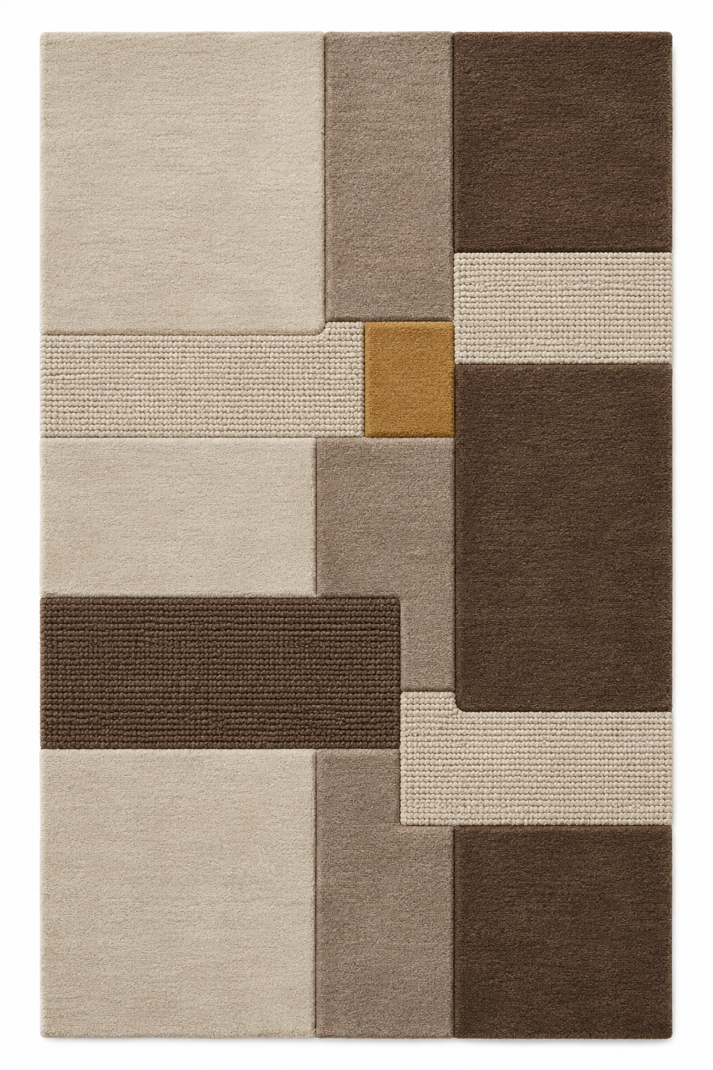 Overhead view of Zurich Guild Rhythm: rectangular wool rug in ivory, mushroom beige, walnut brown and muted golden yellow.