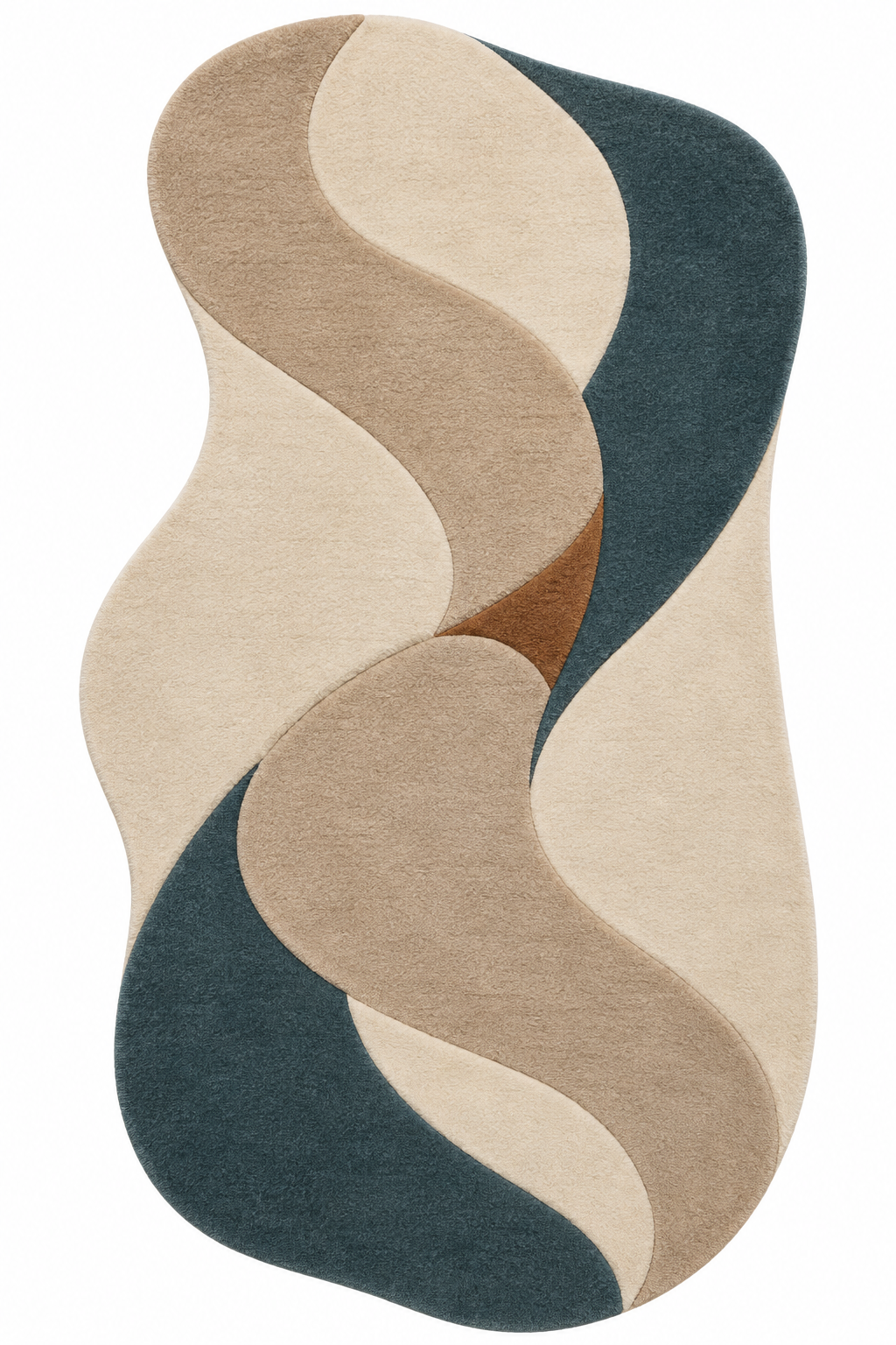 Overhead view of Zurich Silk Current: freeform wool rug in ivory, flax beige, taupe, deep teal and tobacco brown.