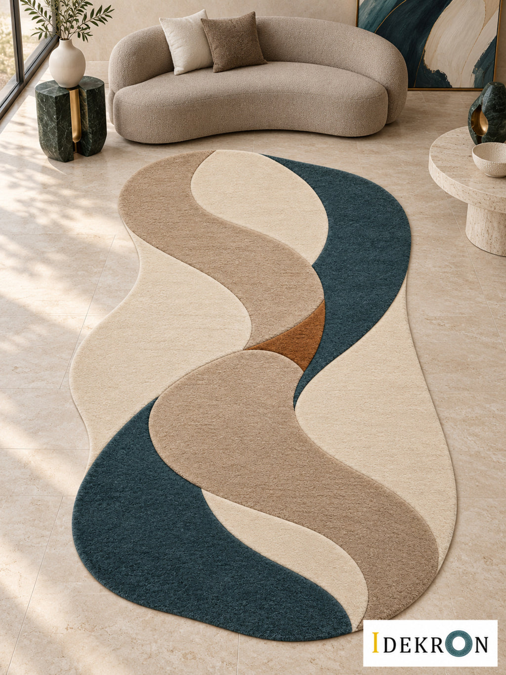 Zurich Silk Current: hand-tufted wool rug in ivory, flax beige, taupe, deep teal and tobacco brown, in a modern living room with coordinated art.