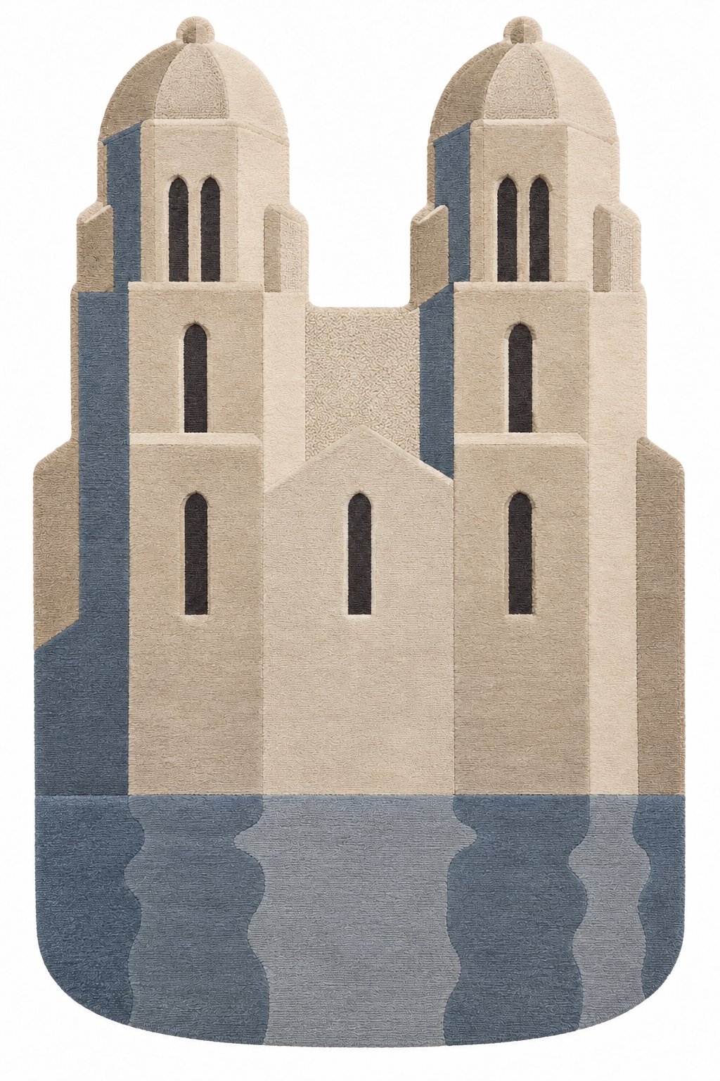 Overhead view of Zurich Twin Forms: freeform wool rug in ivory, limestone beige, taupe, charcoal and muted blue.