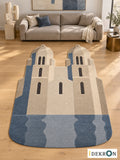Zurich Twin Forms: hand-tufted wool rug in ivory, limestone beige, taupe, charcoal and muted blue, in a modern living room with coordinated art.