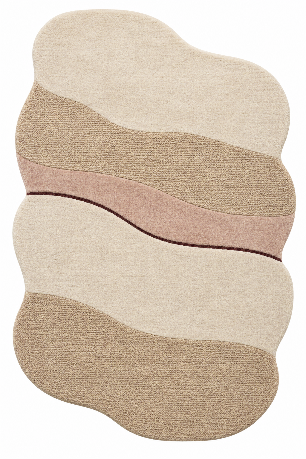 Overhead view of Zug Kirsch Layers: freeform wool rug in cream, biscuit beige, dusty rose and dark cherry red.