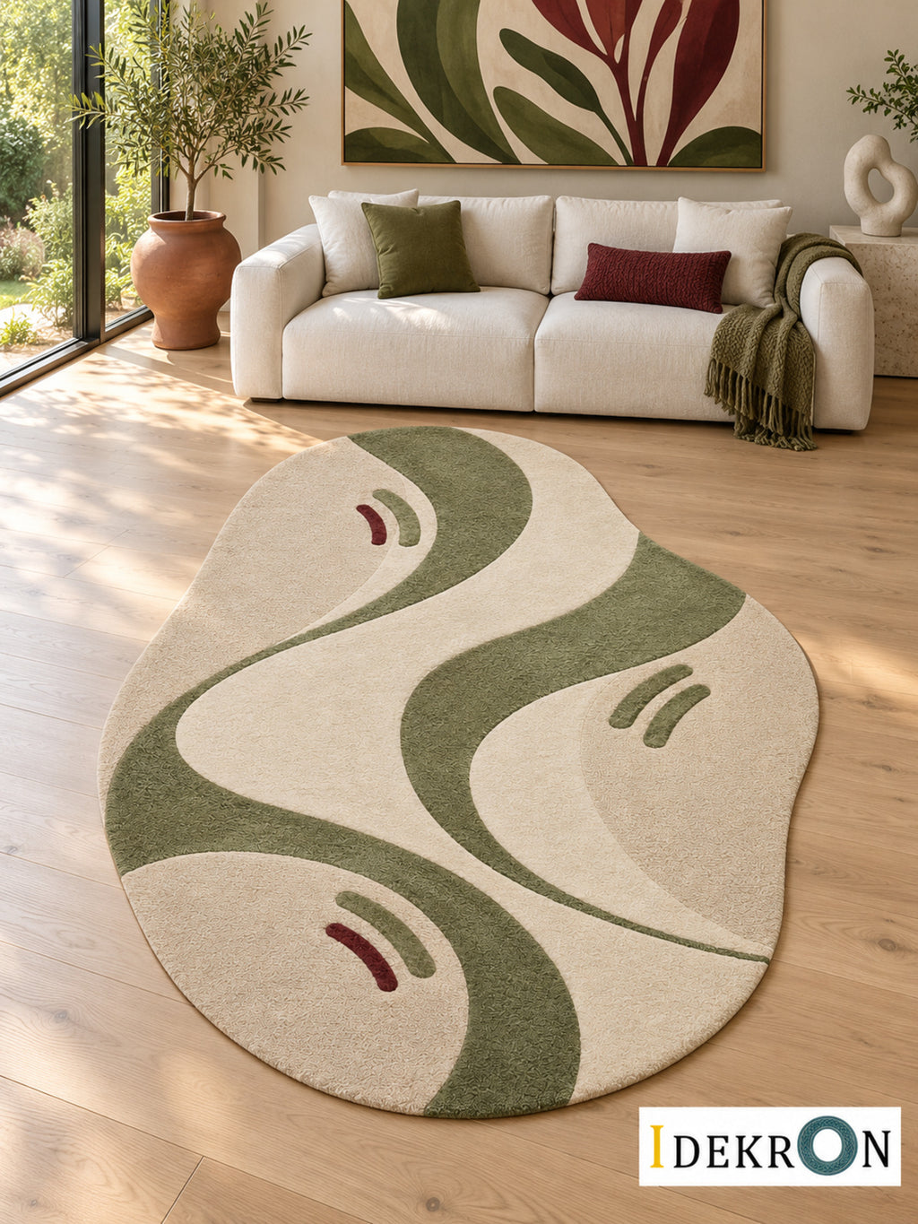 Zug Orchard Cadence: hand-tufted wool rug in ivory, oat beige, olive green and burgundy, in a modern living room with coordinated art.