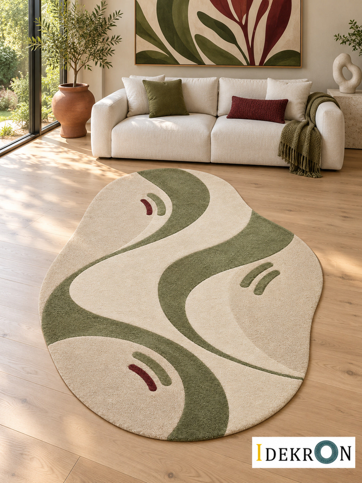 Zug Orchard Cadence: hand-tufted wool rug in ivory, oat beige, olive green and burgundy, in a modern living room with coordinated art.